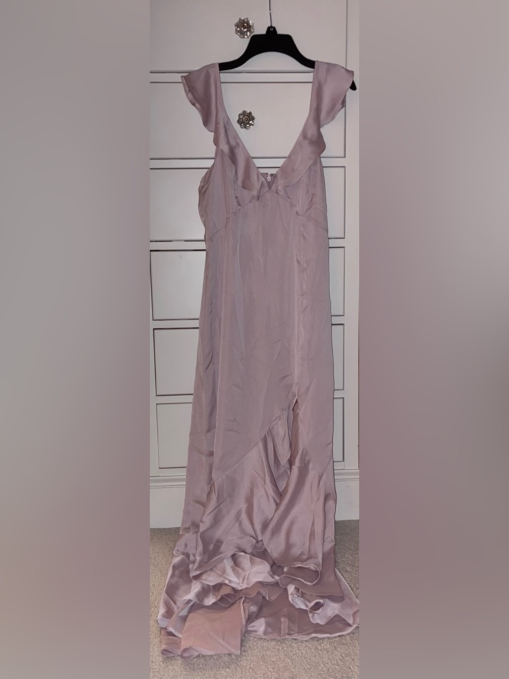 Express Soft Blush Satin Slip Dress – Ruffle Hi-Lo Maxi